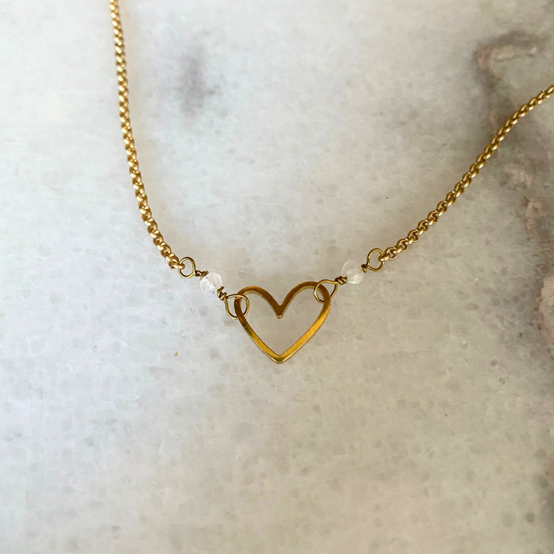 Matte Gold Heart Necklace with Semi-Precious Stones