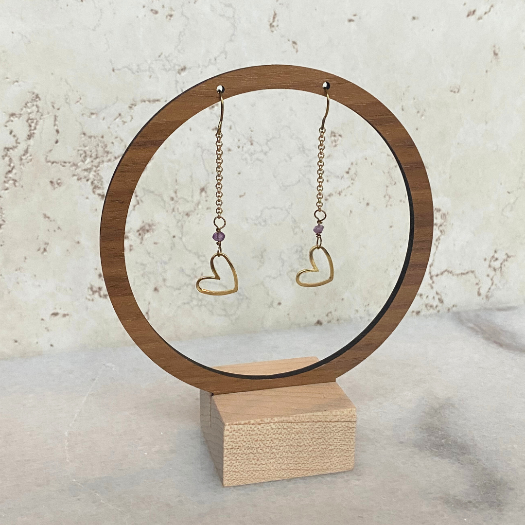 Matte Gold Heart Earrings with Semi-Precious Stones