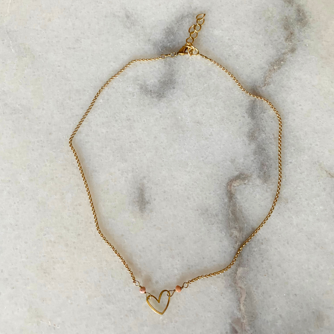 Matte Gold Heart Necklace with Semi-Precious Stones