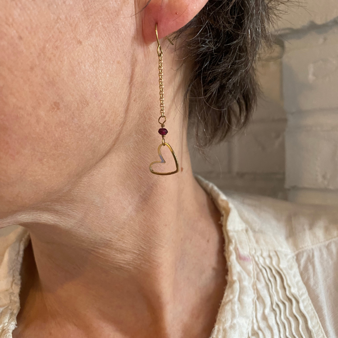 Matte Gold Heart Earrings with Semi-Precious Stones