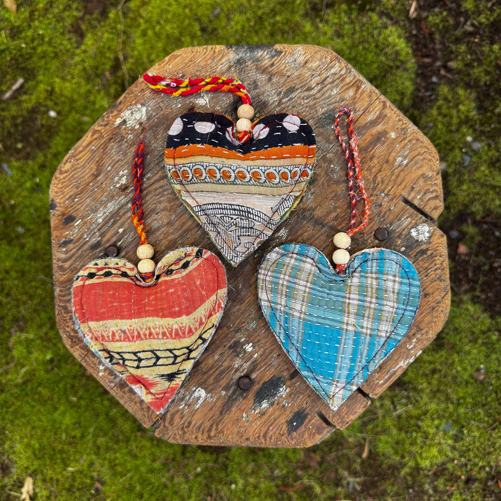 Kantha Heart Ornament with Wooden Beads