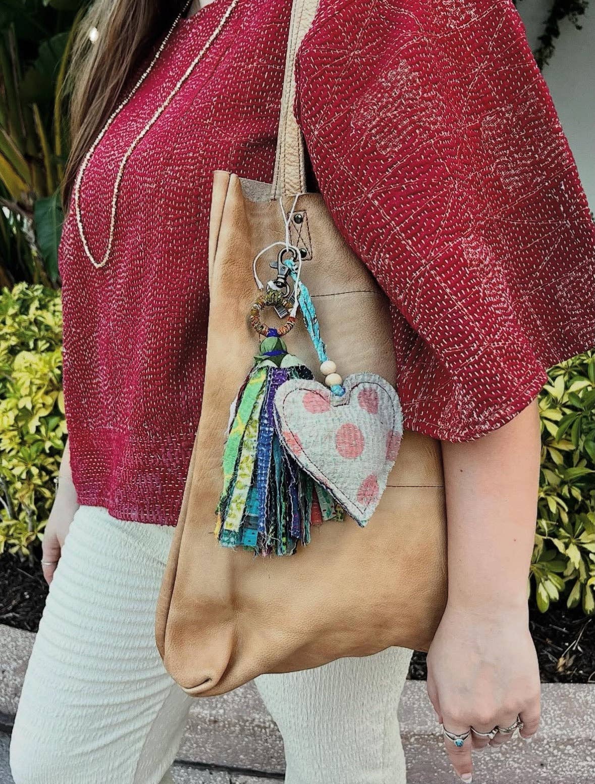 Kantha Heart Ornament with Wooden Beads