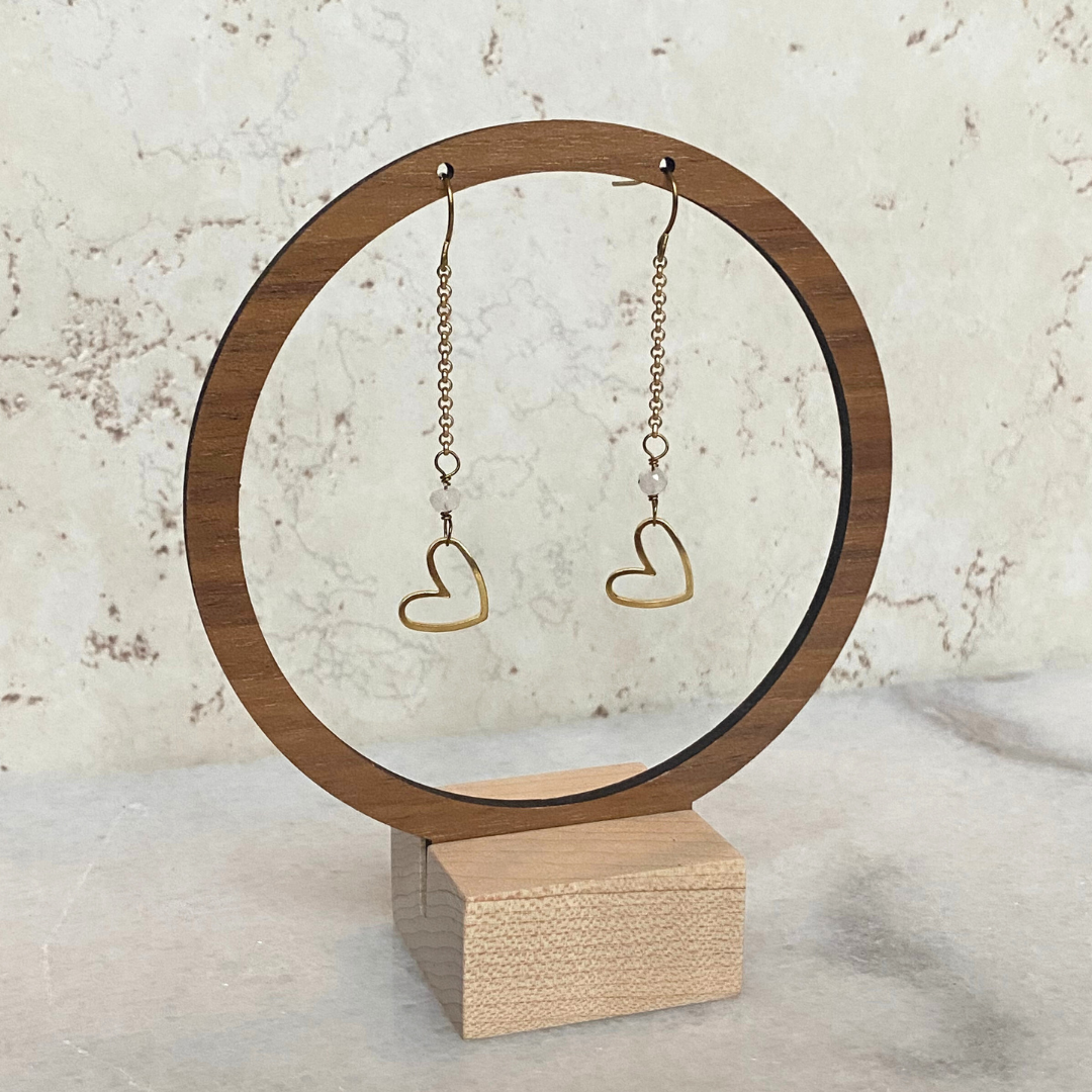 Matte Gold Heart Earrings with Semi-Precious Stones