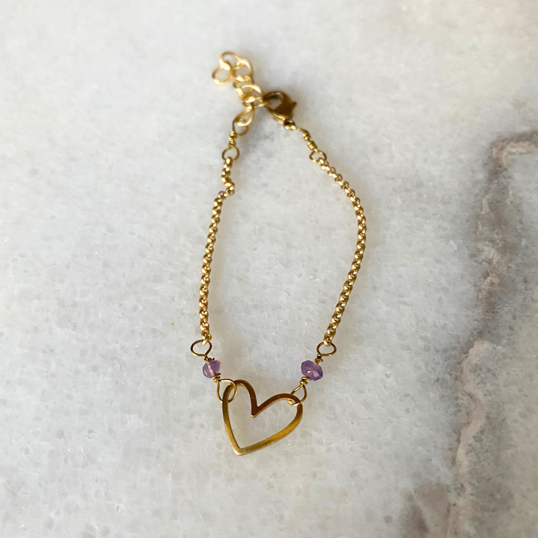 Matte Gold Heart Bracelet with Semi-Precious Stones