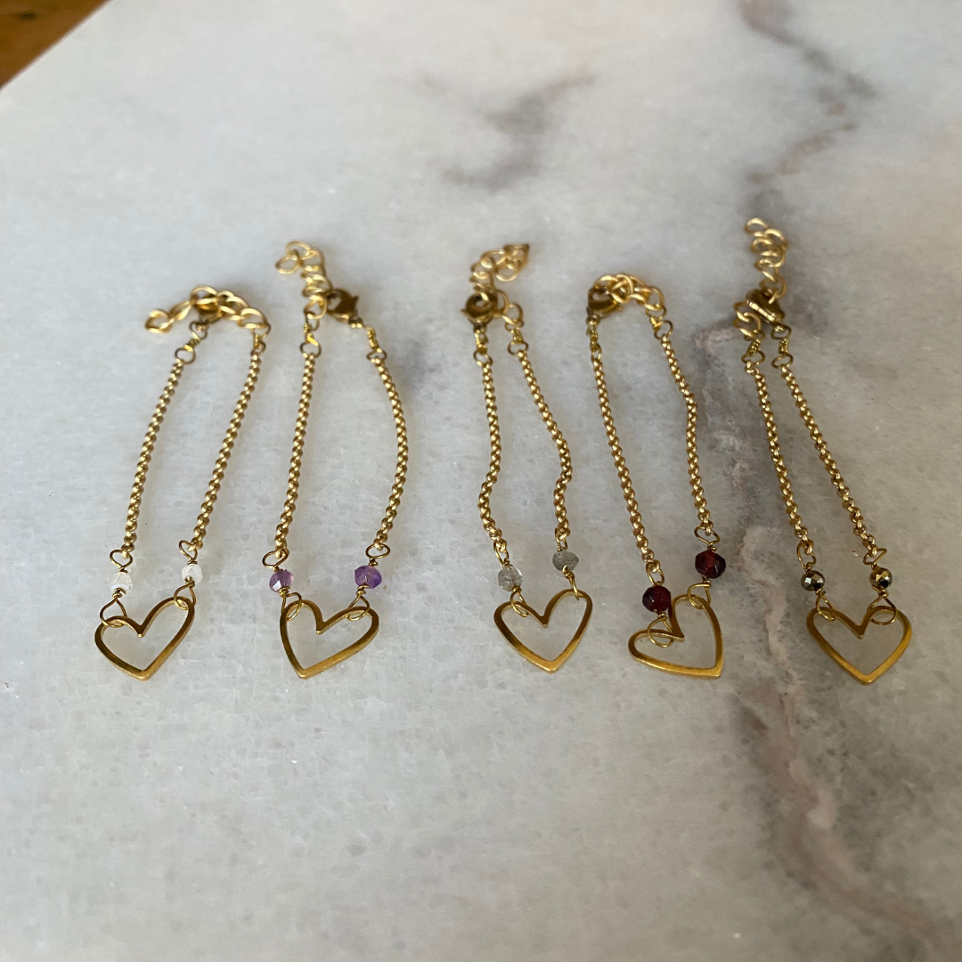 Matte Gold Heart Bracelet with Semi-Precious Stones