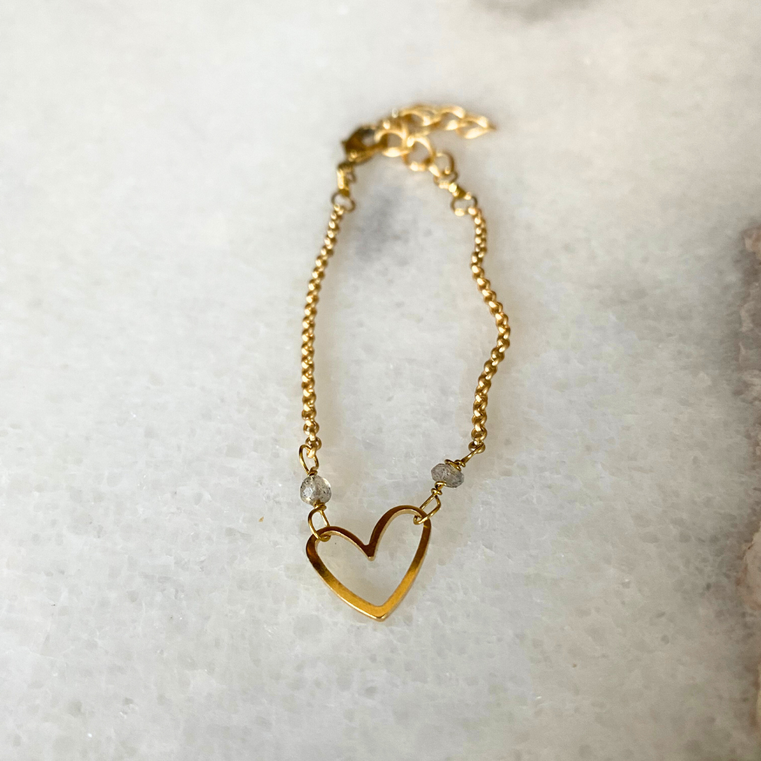 Matte Gold Heart Bracelet with Semi-Precious Stones