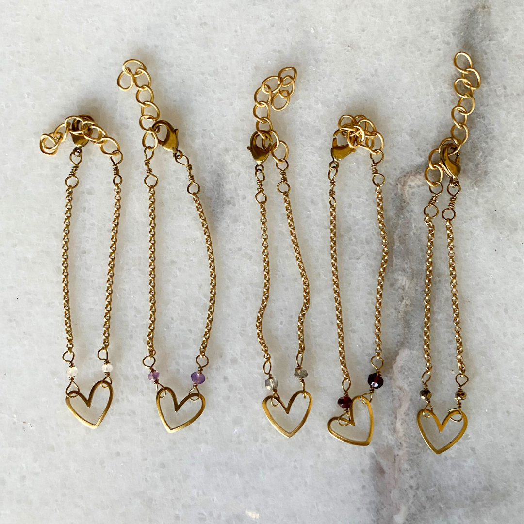 Matte Gold Heart Bracelet with Semi-Precious Stones