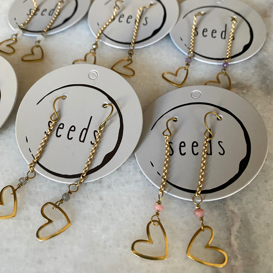 Matte Gold Heart Earrings with Semi-Precious Stones
