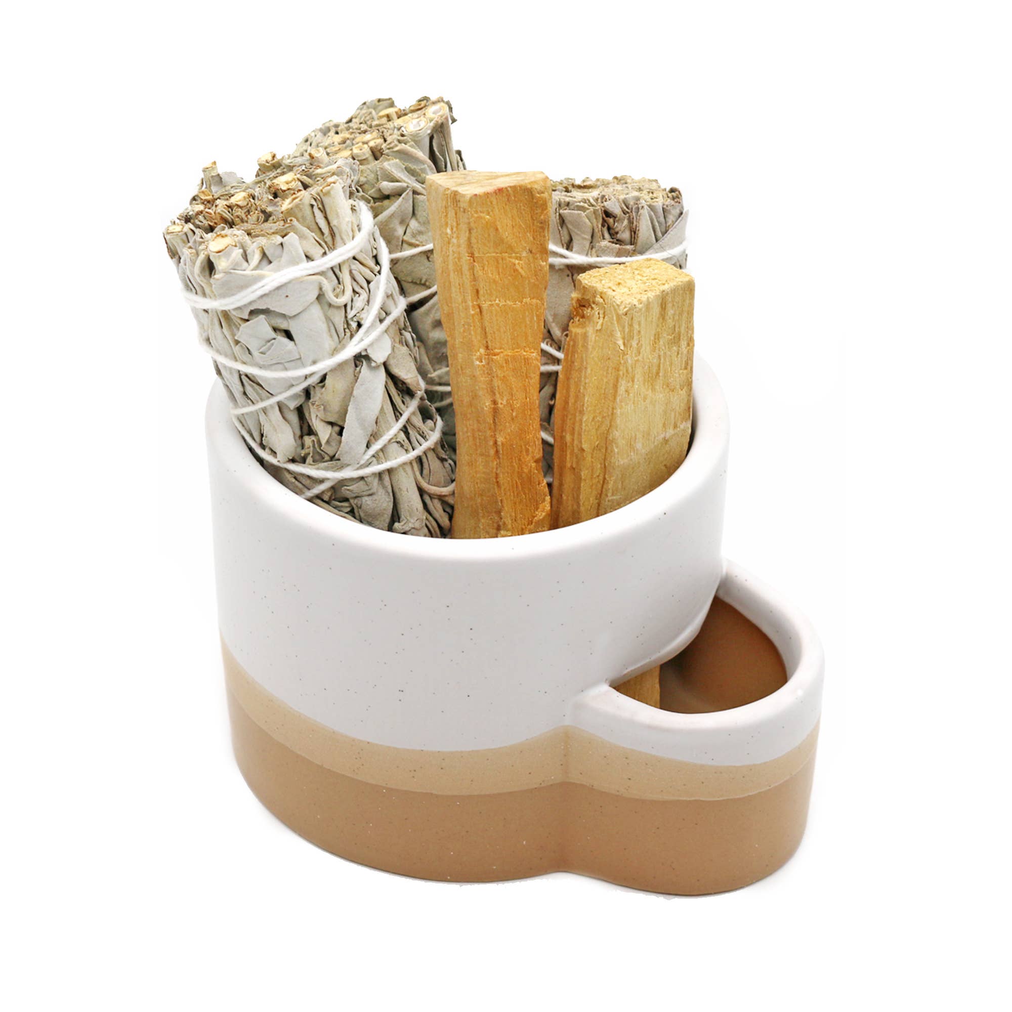Ceramic Palo Santo Burner w/ Match Slot - White & Brown