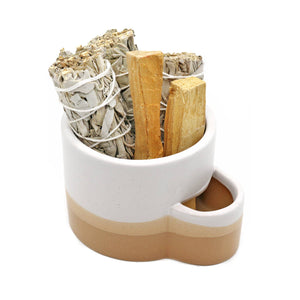 Ceramic Palo Santo Burner w/ Match Slot - White & Brown