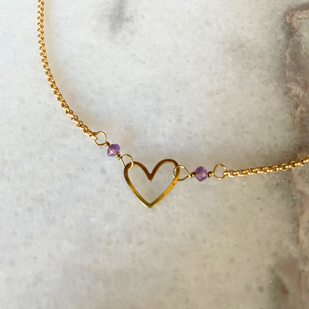 Matte Gold Heart Necklace with Semi-Precious Stones