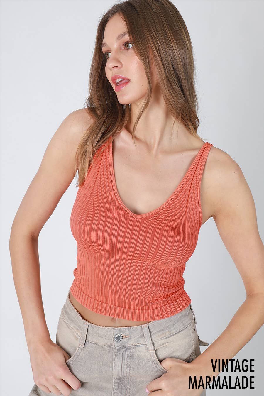 Vintage Wide Ribbed V Neck Top