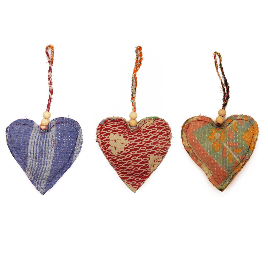 Kantha Heart Ornament with Wooden Beads