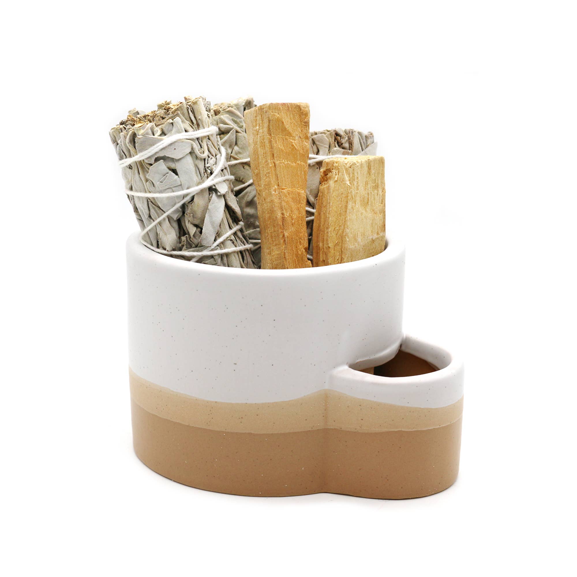 Ceramic Palo Santo Burner w/ Match Slot - White & Brown