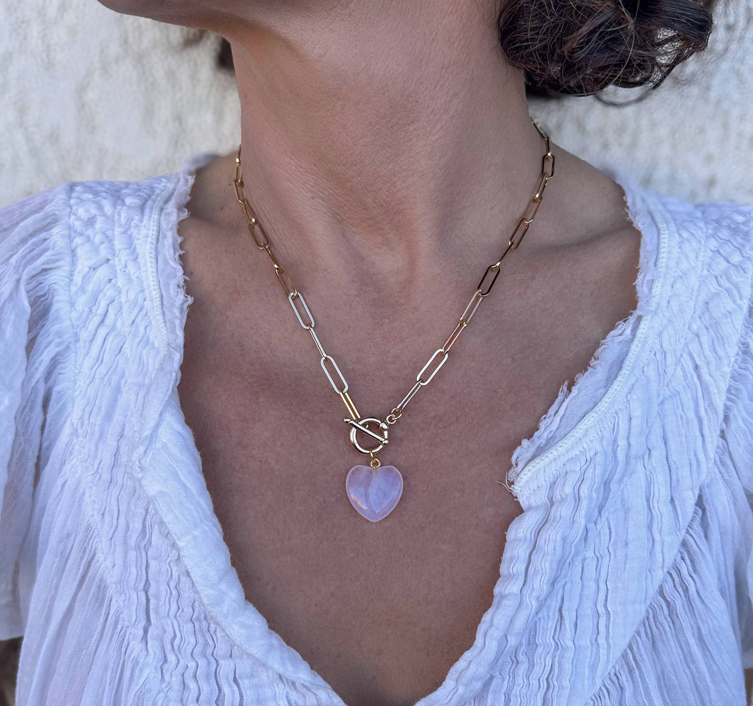 Rose Quartz Roxy Chain Toggle Clasp Heart Necklace