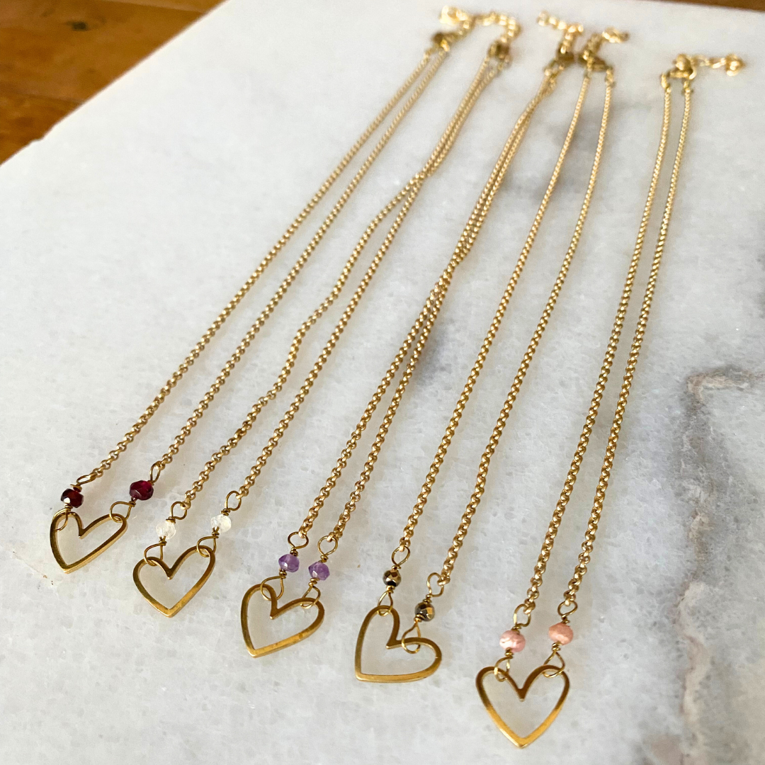 Matte Gold Heart Necklace with Semi-Precious Stones