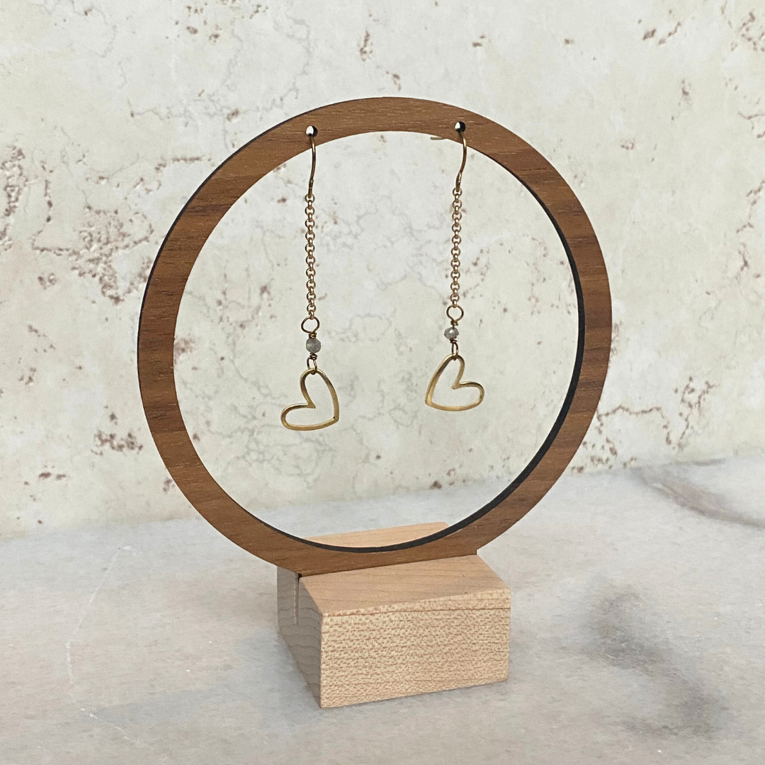Matte Gold Heart Earrings with Semi-Precious Stones