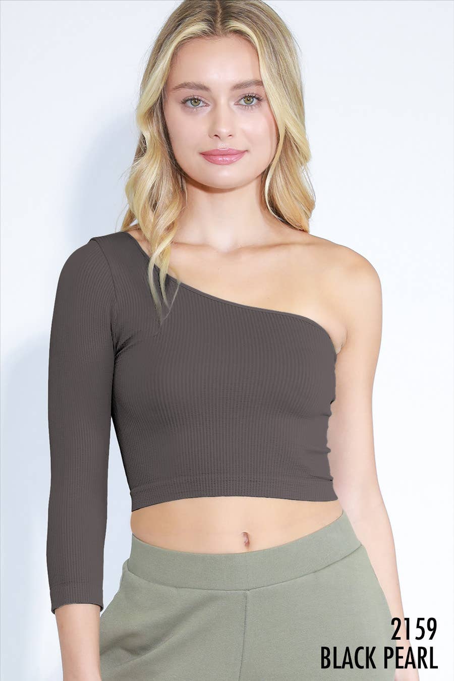 Ribbed One Shoulder LS Crop Top ~ Almond