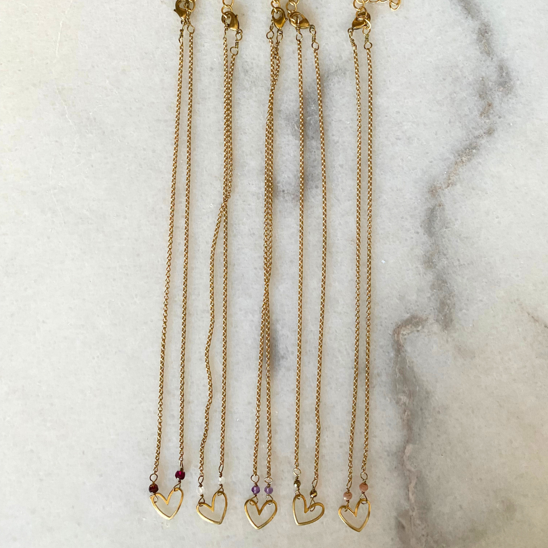 Matte Gold Heart Necklace with Semi-Precious Stones