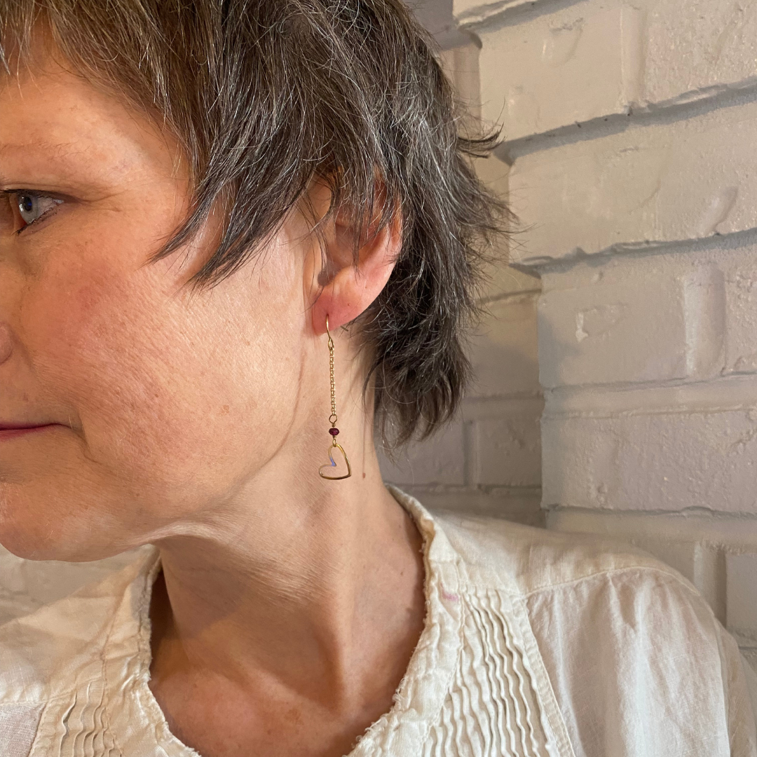Matte Gold Heart Earrings with Semi-Precious Stones