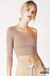 Ribbed One Shoulder LS Crop Top ~ Almond