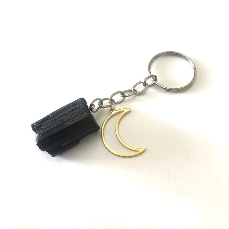 Black Tourmaline Key Chain with Moon Charm
