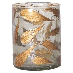 Small Hurricane Candle Holder w/ Gold Leaves